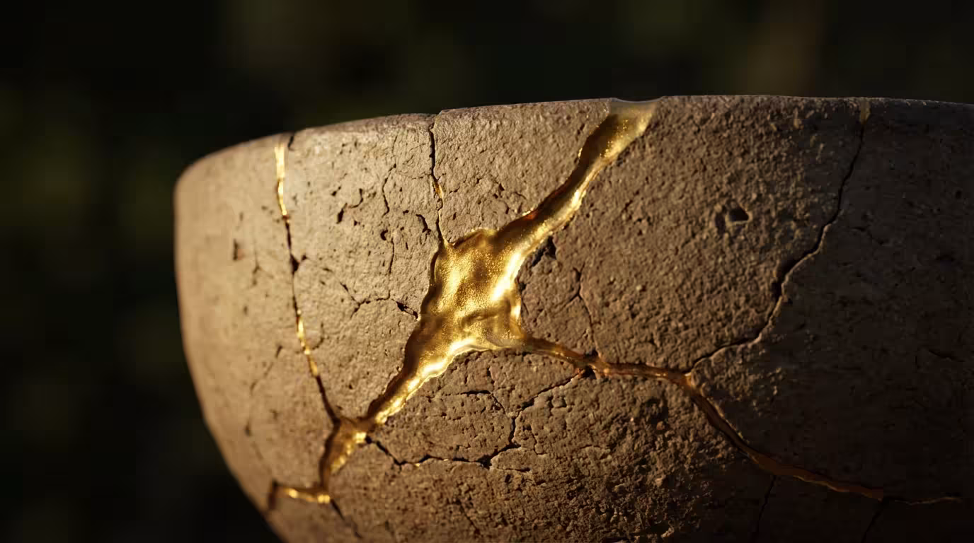 Macro shot of Kintsugi gold repair on ceramic pottery symbolizing self-compassion and resilience