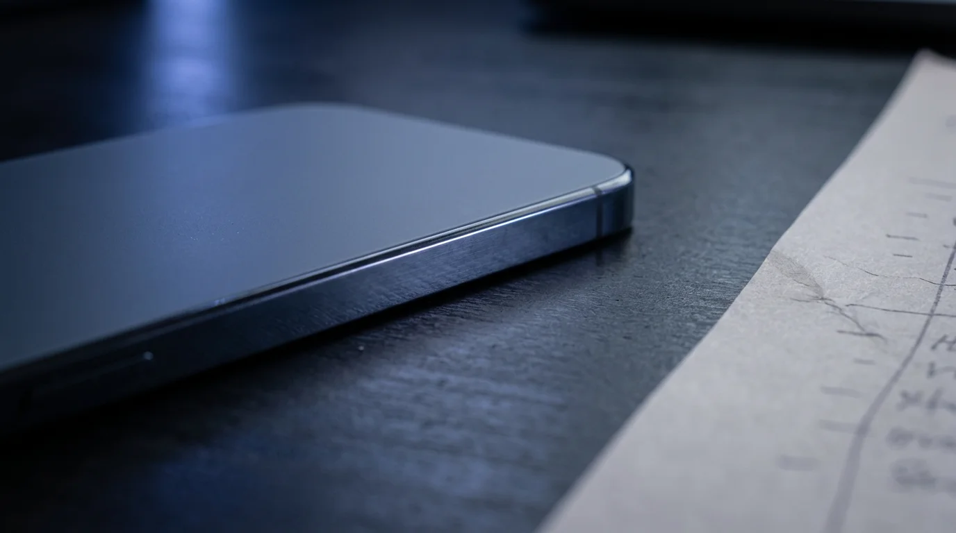 Macro shot of phone face-down on desk during blue hour for deep work strategy.