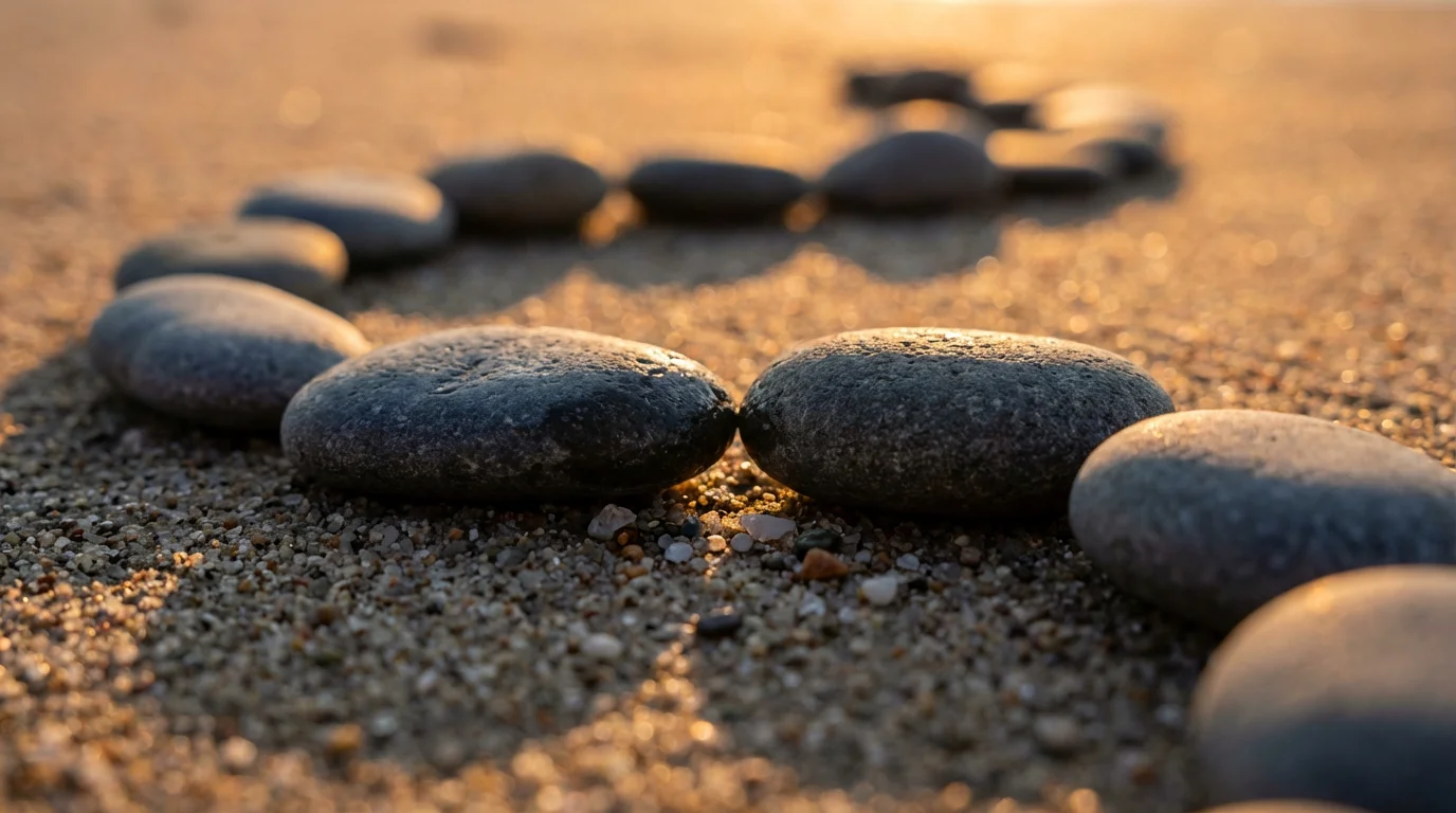 Macro shot of river stones arranged in a line on sand during golden hour.