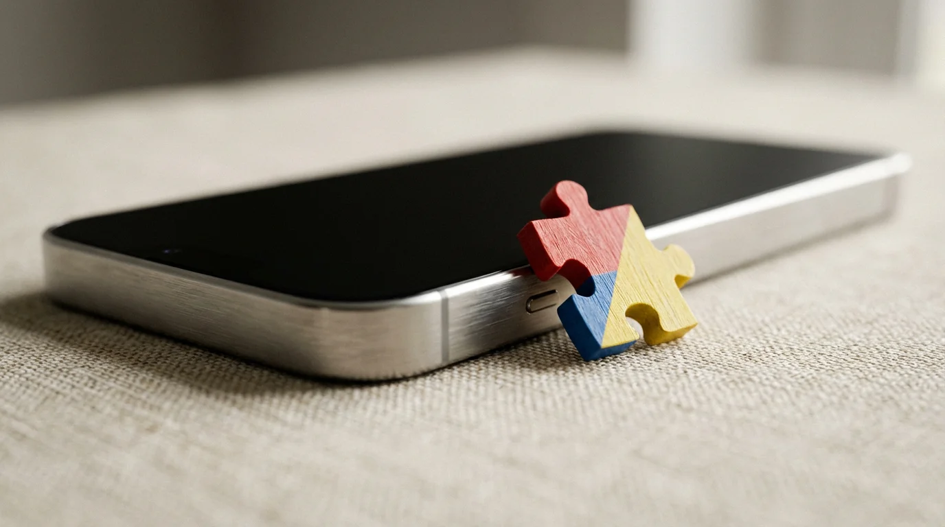 Macro shot of smartphone face down next to wooden puzzle piece on textured linen.