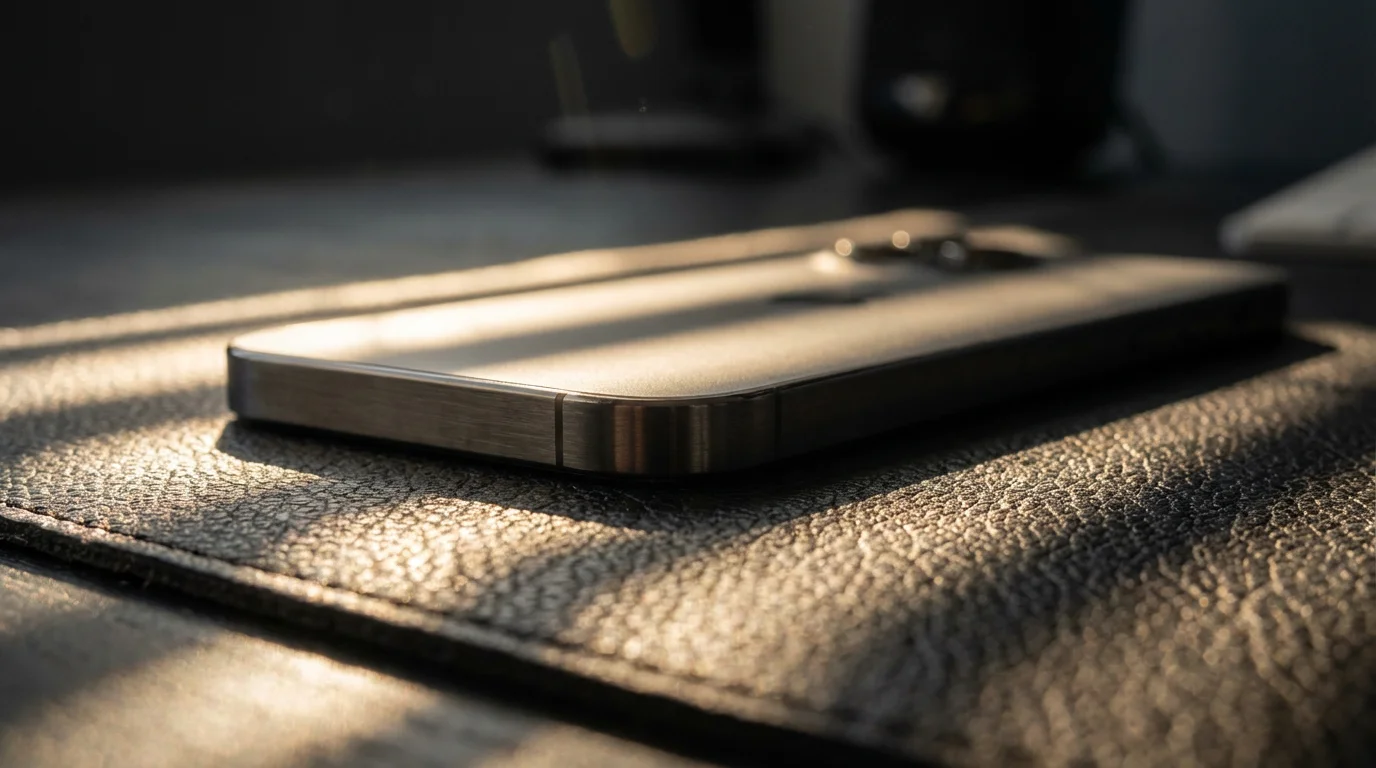 Macro shot of smartphone face down on leather desk in moody dramatic lighting.