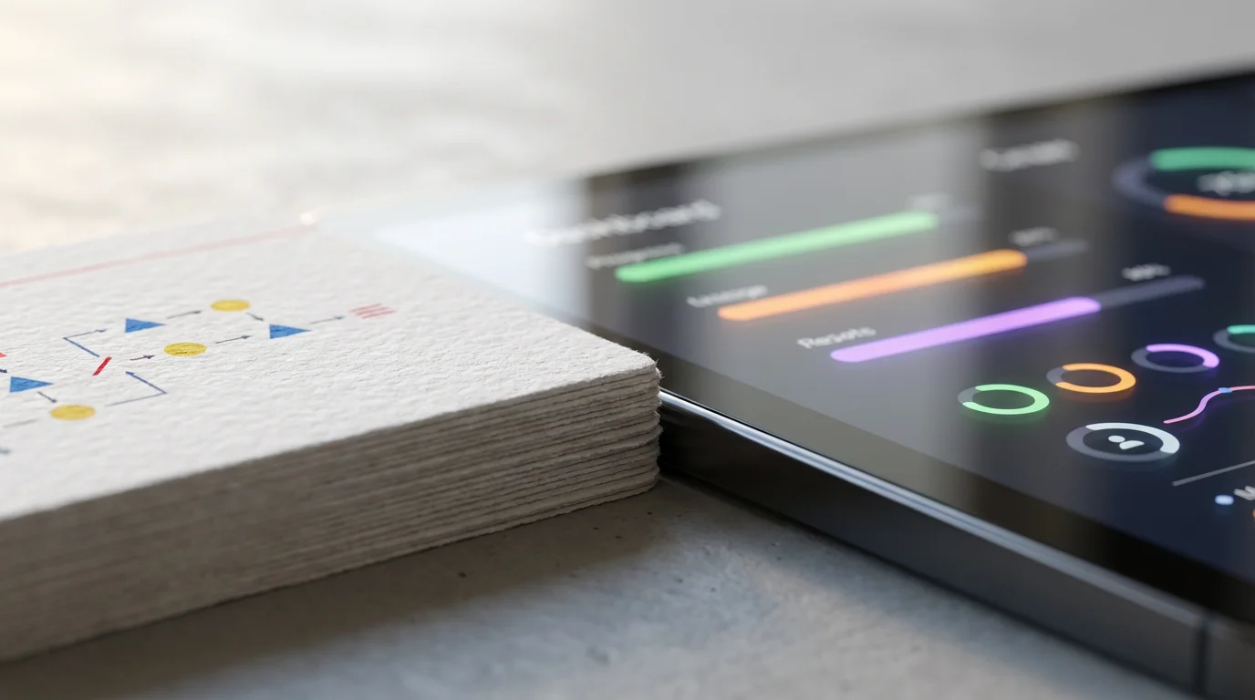 Macro shot of structured index cards resting against a tablet displaying abstract project dashboard graphics.