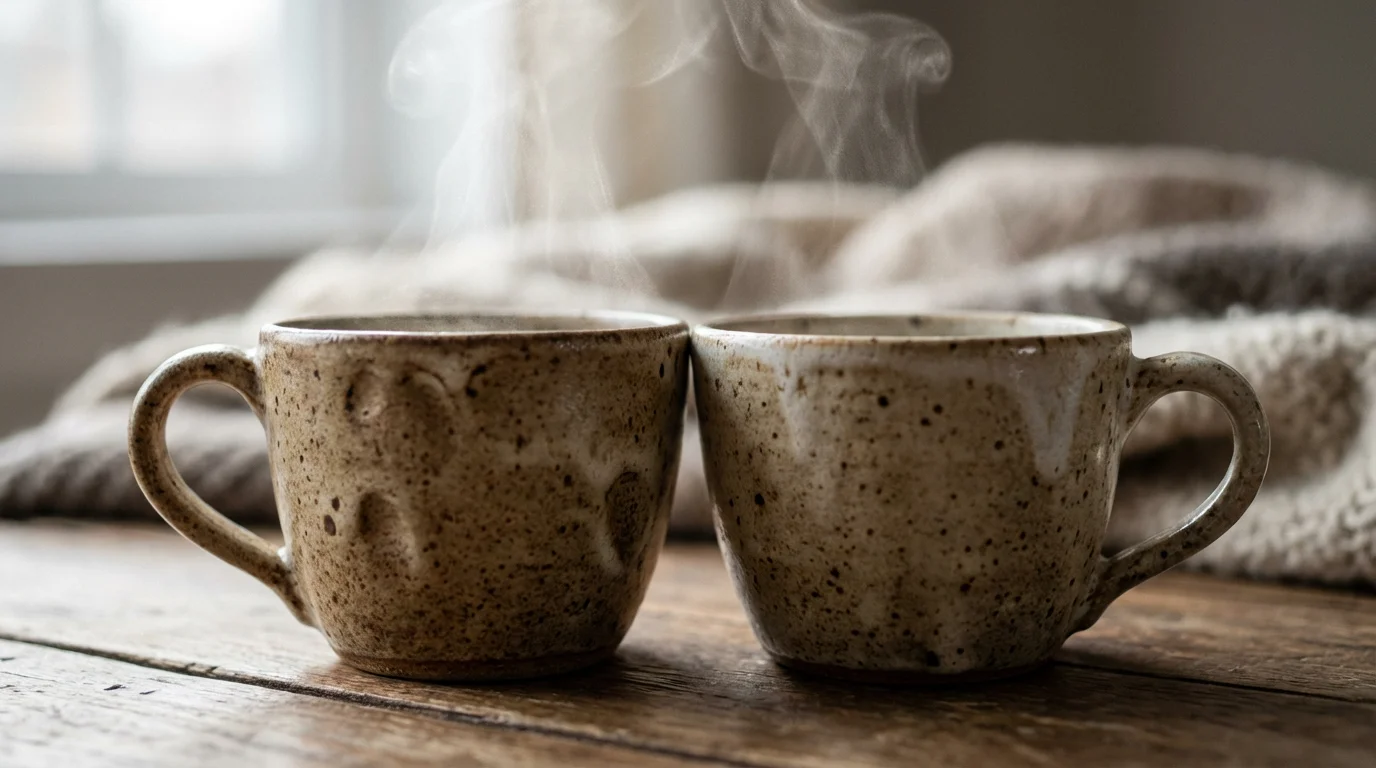 Macro shot of two ceramic mugs with steam rising, illuminated by soft window light