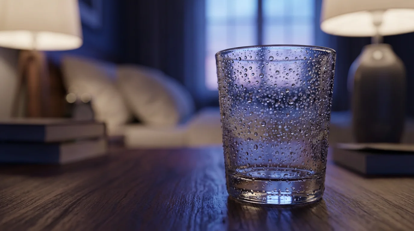 Macro shot of water glass on nightstand in blue evening light representing habit cues.