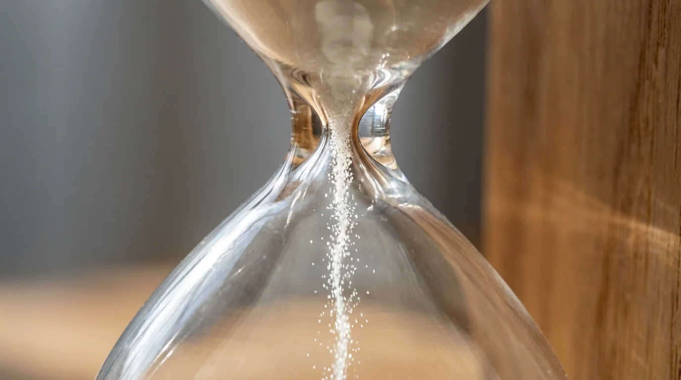 Macro shot of white sand falling through a glass hourglass neck in natural light.