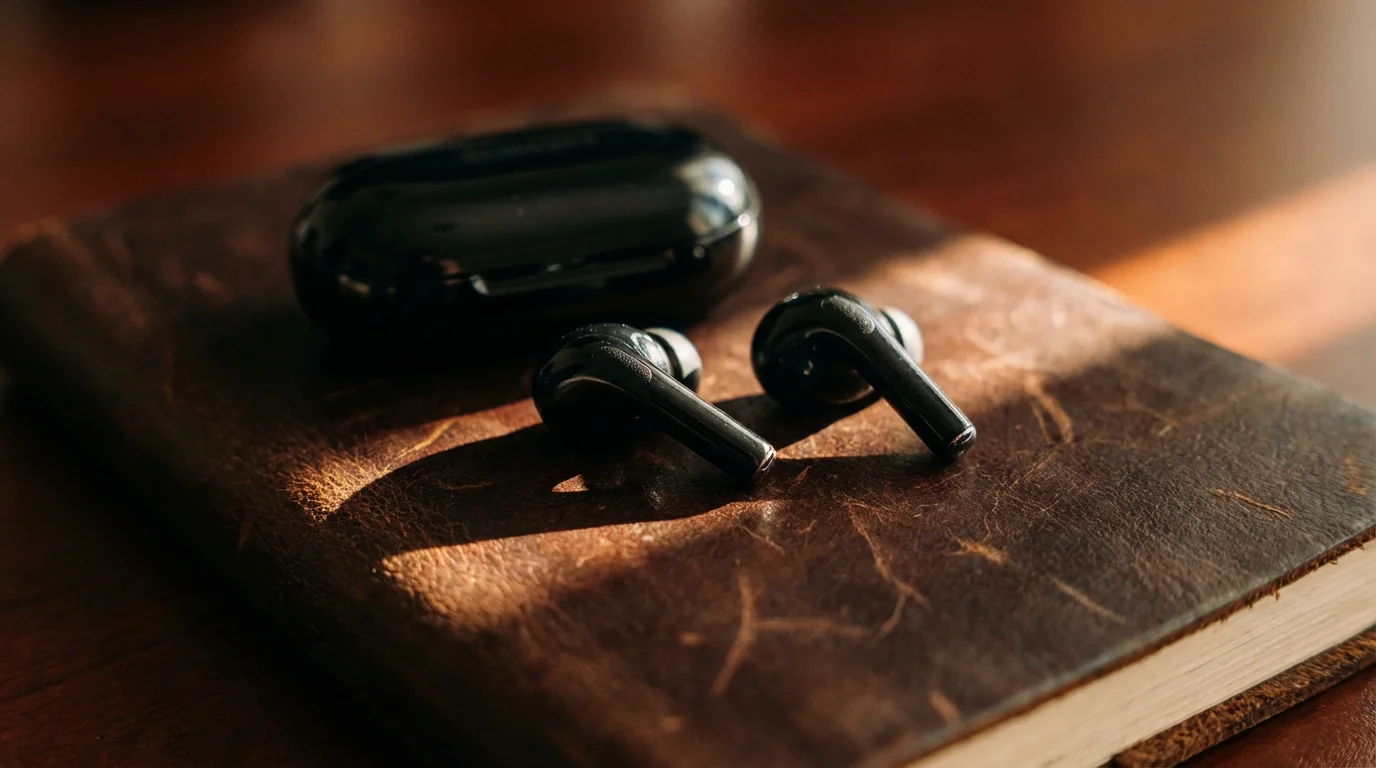 Macro shot of wireless earbuds on a leather notebook in dramatic afternoon light.