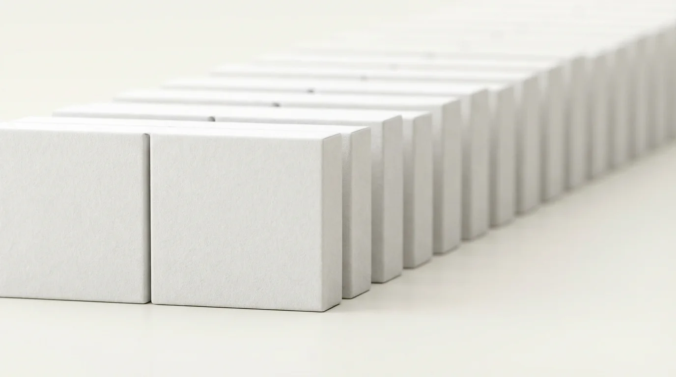 Macro side view of perfectly aligned white blocks representing task batching and automation sequence.