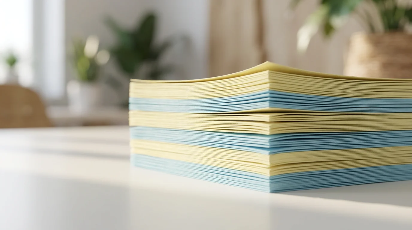 Macro side view of stacked sticky notes illuminated by soft morning sunlight.