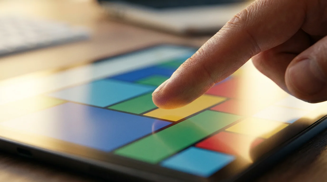 Macro view of a finger organizing color-coded blocks on a digital tablet screen.