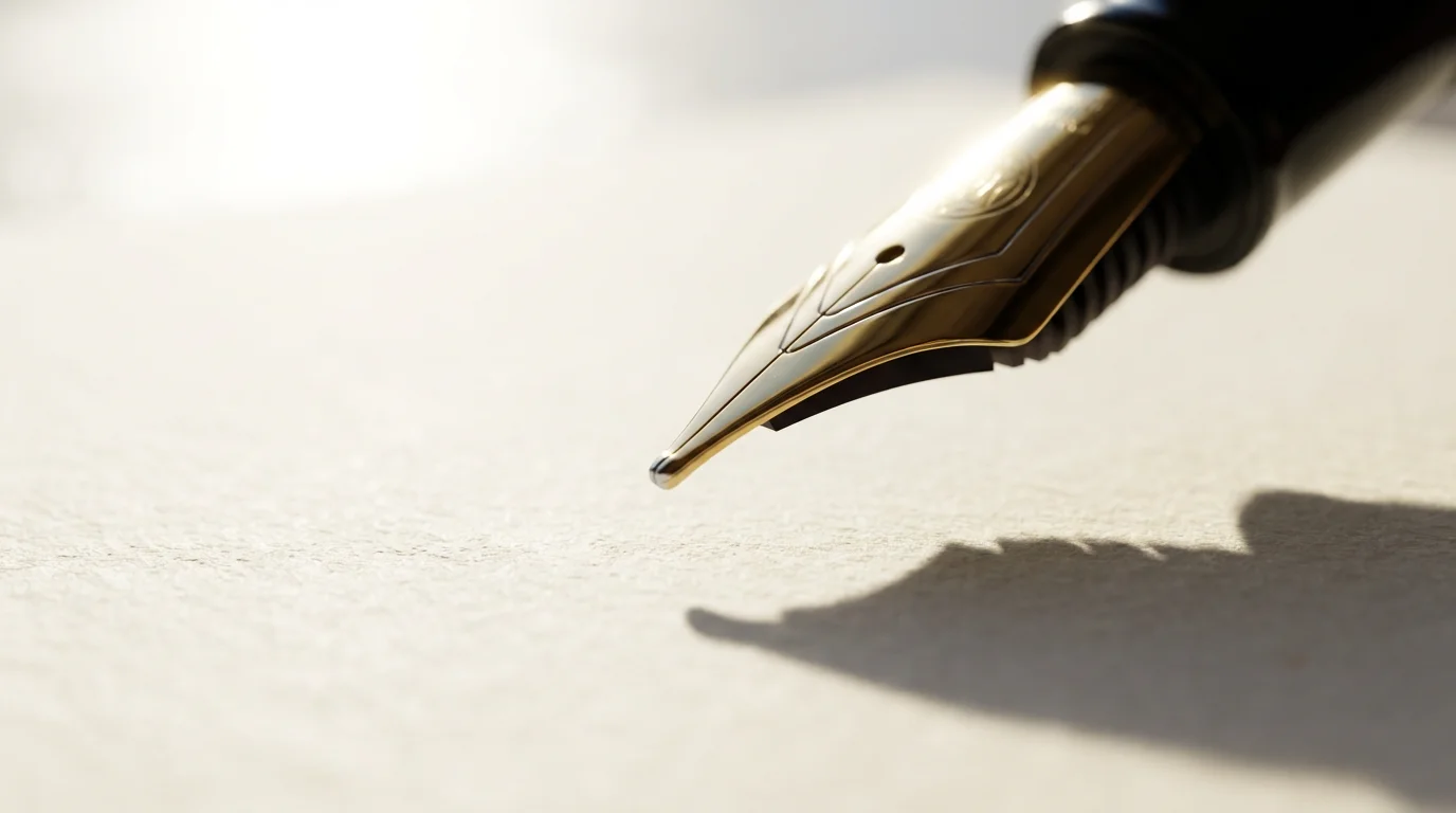 Macro view of a gold fountain pen nib poised over white textured paper.
