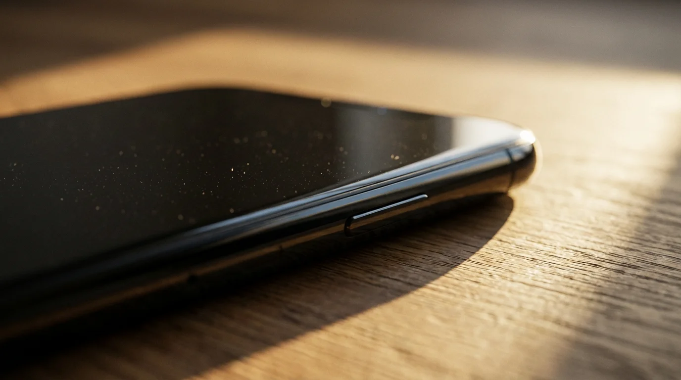 Macro view of a smartphone edge on a wooden desk bathed in golden sunlight.