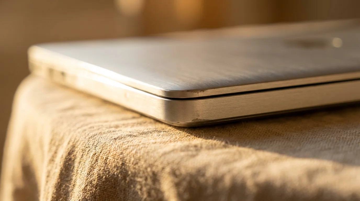 Macro view of aluminum laptop edge on linen fabric in warm golden hour sunlight.