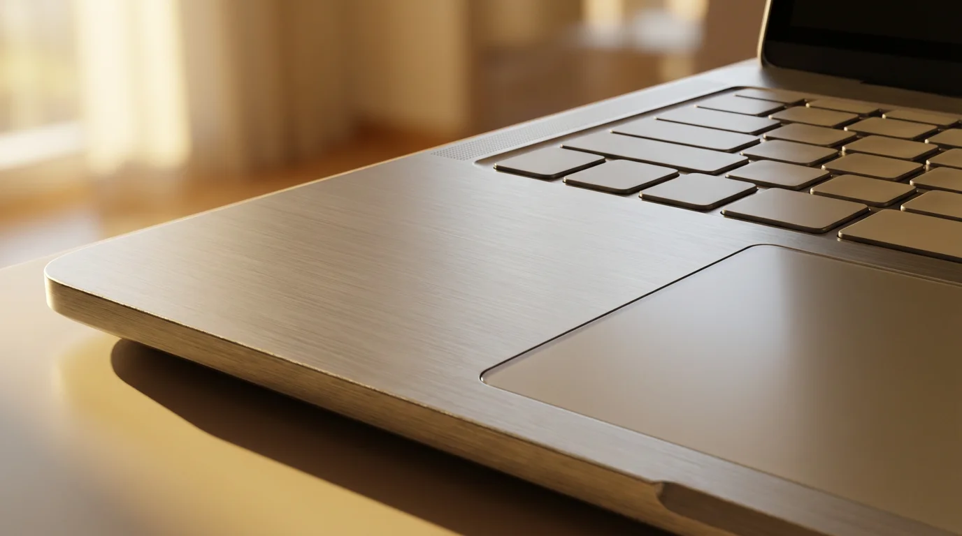 Macro view of sleek laptop keyboard and trackpad illuminated by warm morning sunlight