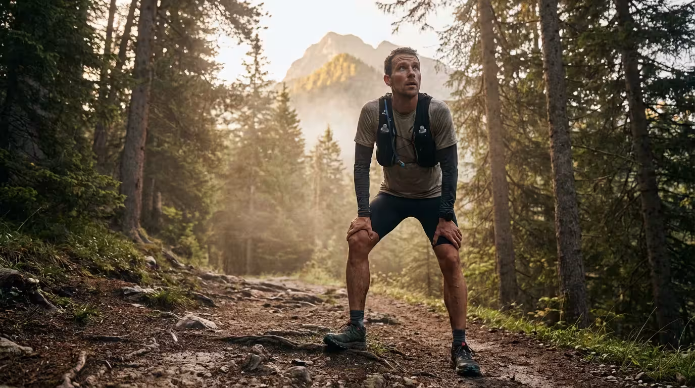 Male runner pausing on a nature trail at sunrise to reflect on his journey.