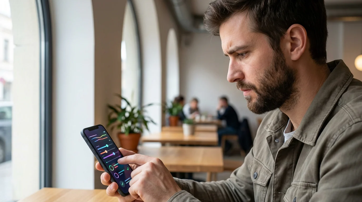 Man adjusting abstract settings sliders and toggles on a smartphone screen without text.