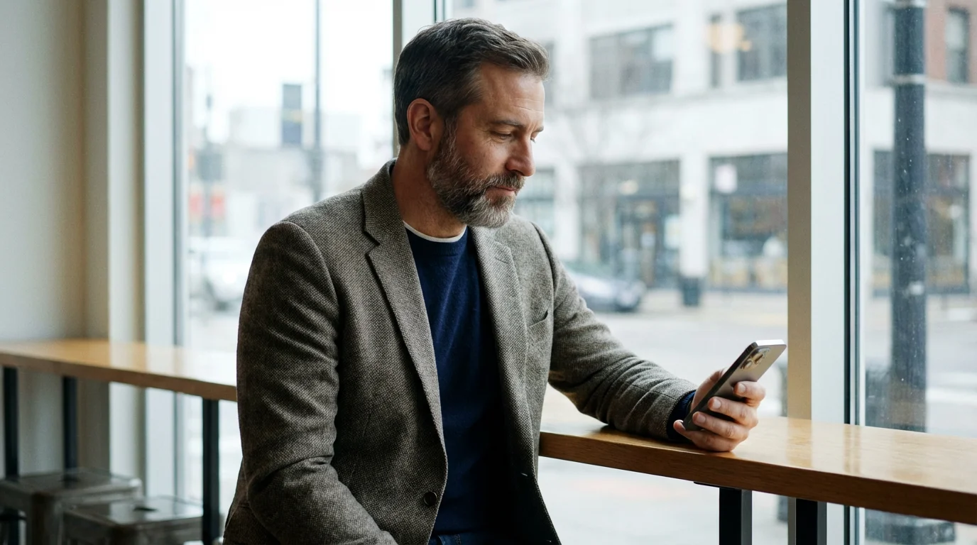 Man casually checking smartphone for important notification in a bright coffee shop.