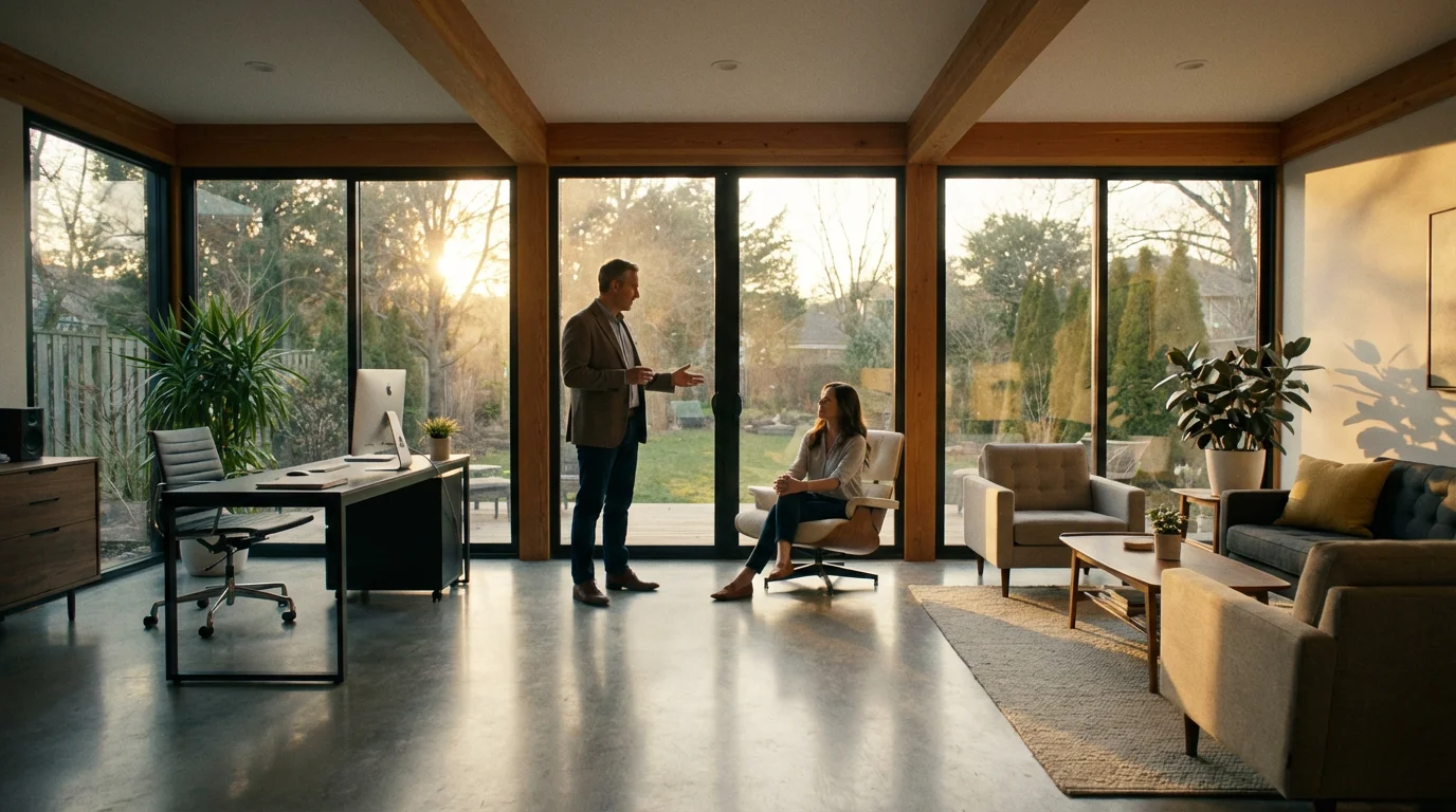 Man discussing boundaries in a sunlit modern home office and living space combo.