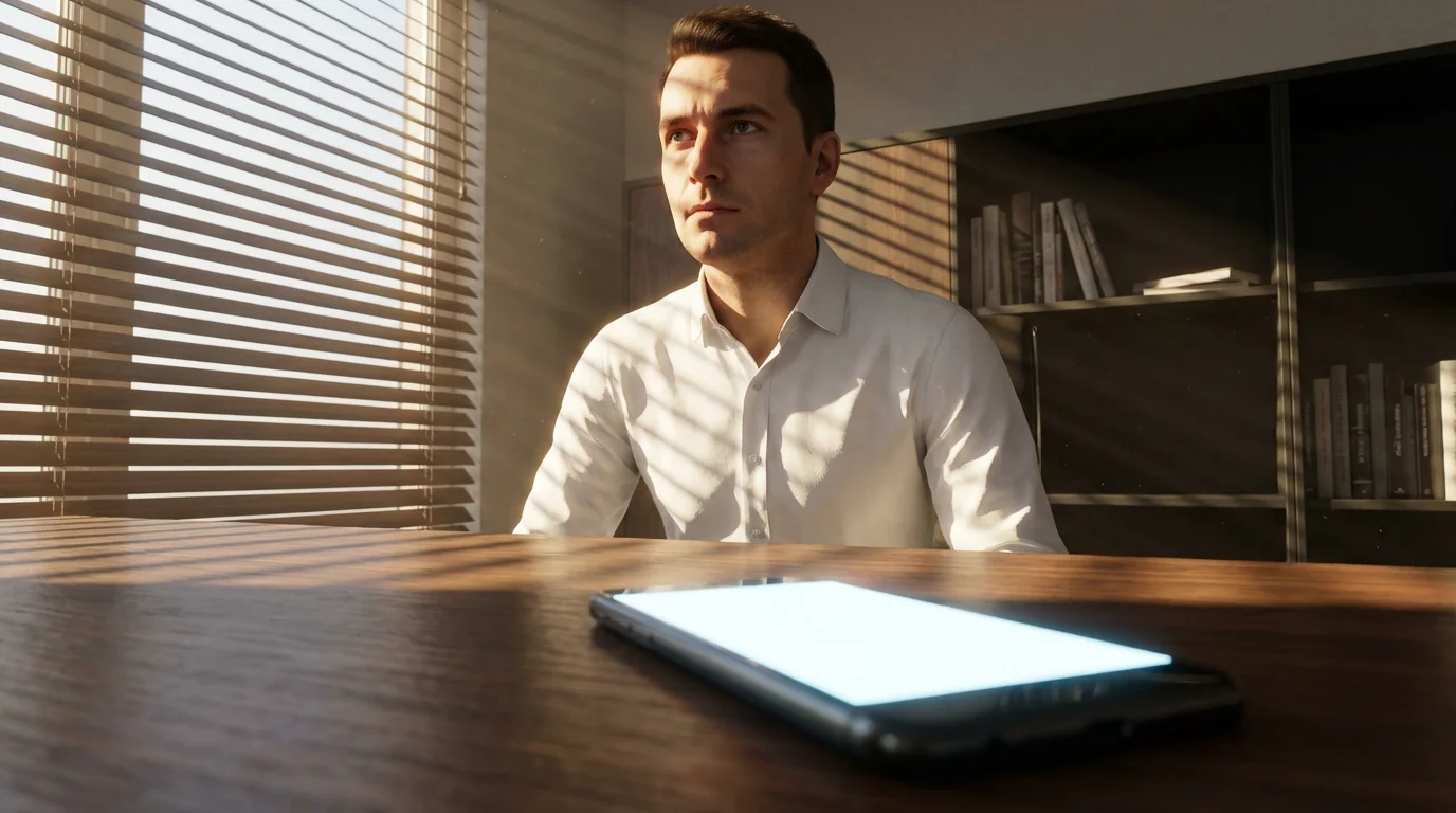 Man focusing at desk ignoring a glowing smartphone notification during moody afternoon.