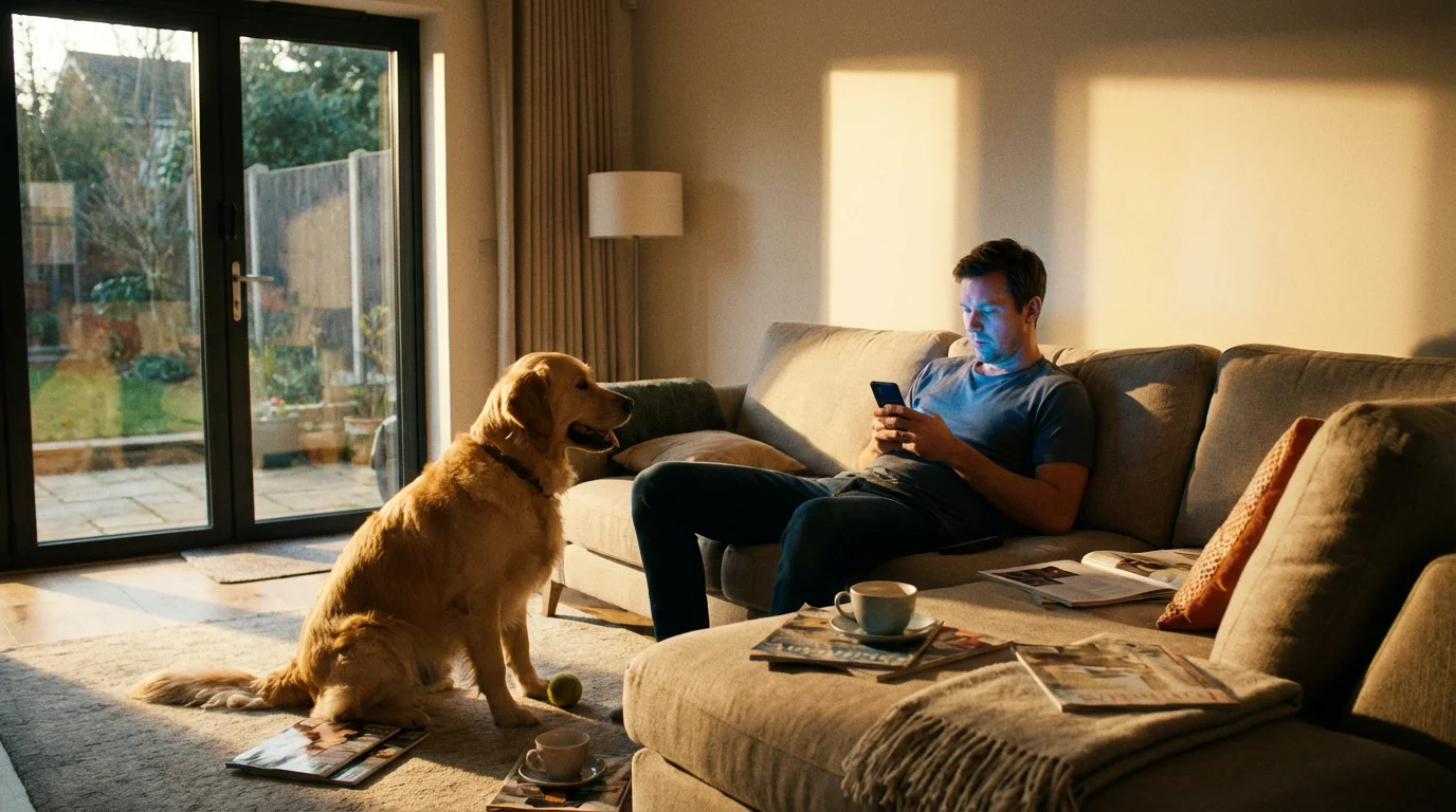 Man ignoring his dog while scrolling on phone in a cluttered, sunlit living room.