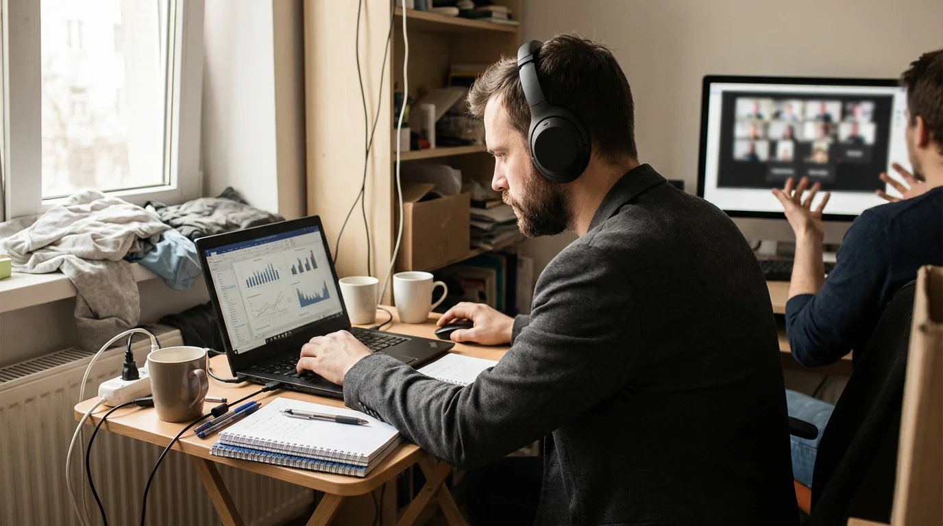 Man in headphones working remotely at a small desk in a noisy shared apartment.