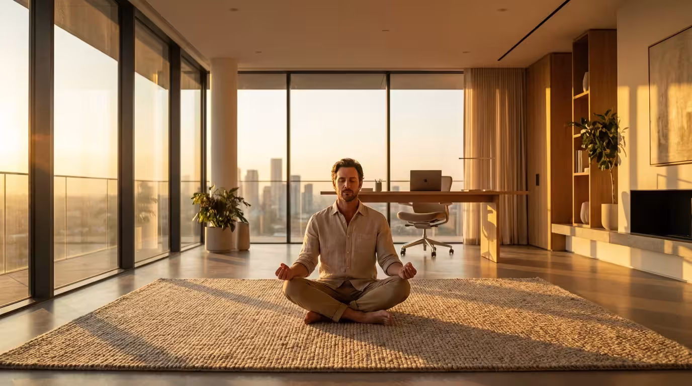 Man meditating in modern home office during golden hour sunlight before work.