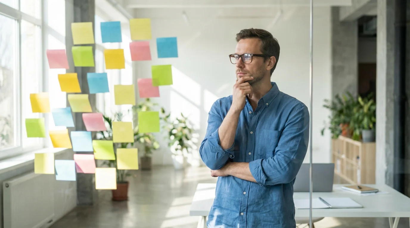Man organizing blank sticky notes on a glass wall in a sunny modern office.