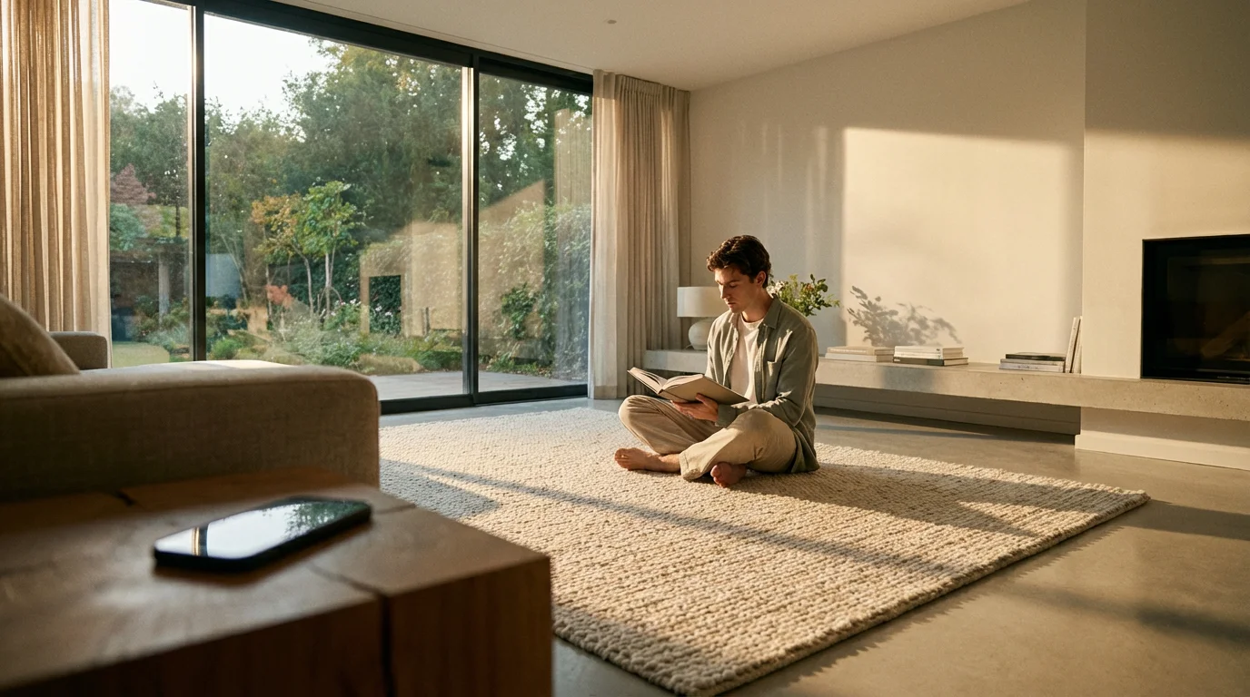 Man reading book in sunny living room with phone ignored on table during digital detox