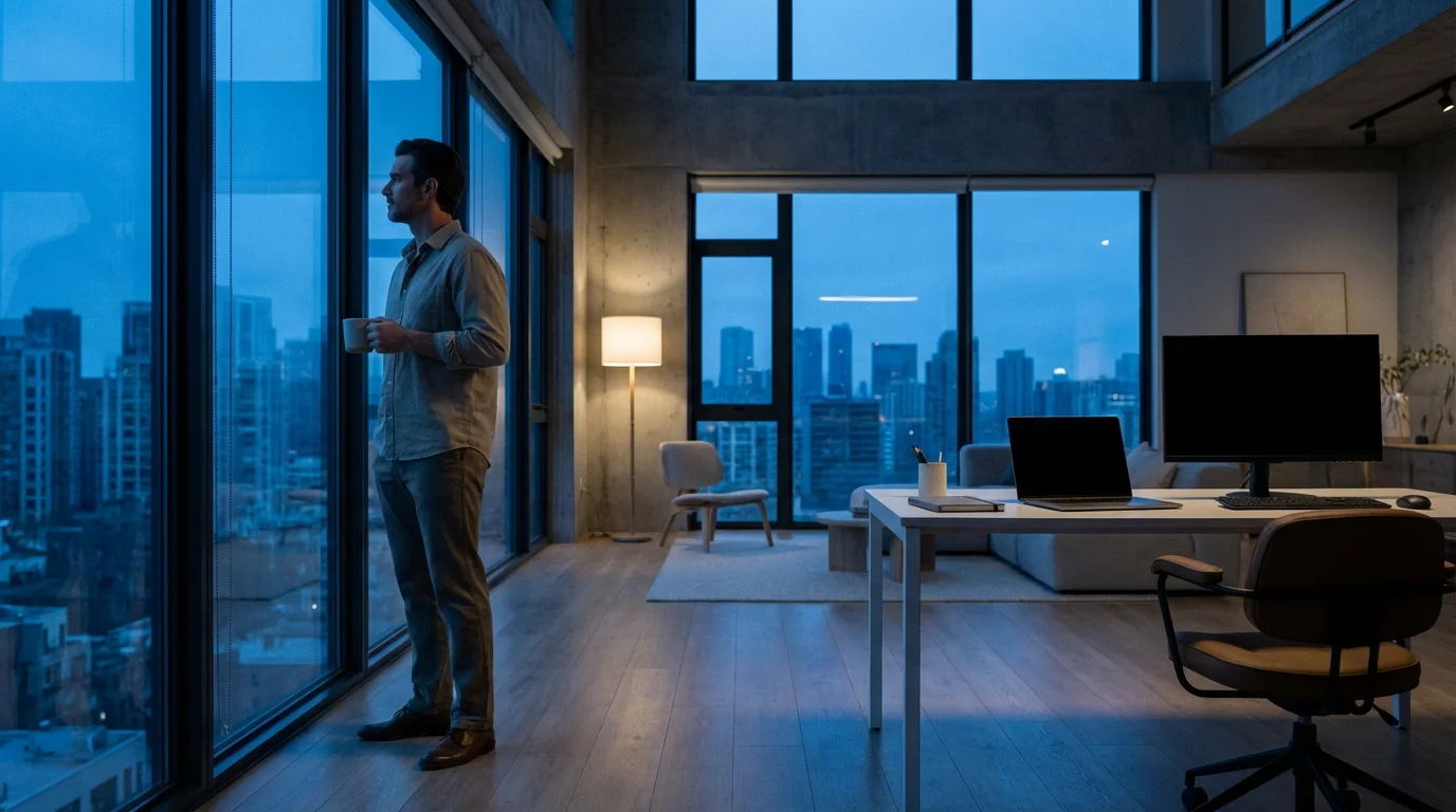 Man relaxing in modern loft at twilight with computer turned off in background