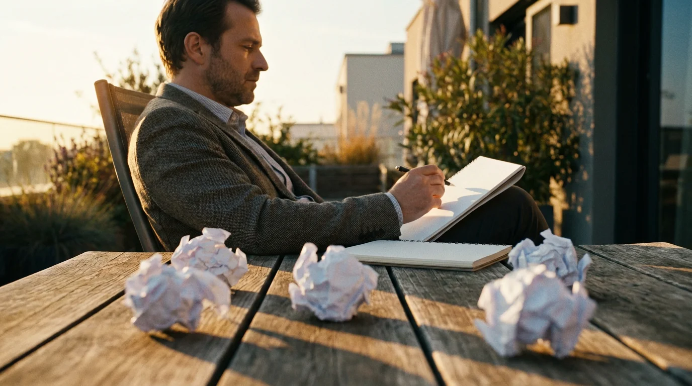 Man sitting at a table with crumpled paper balls during golden hour reflecting on planning.
