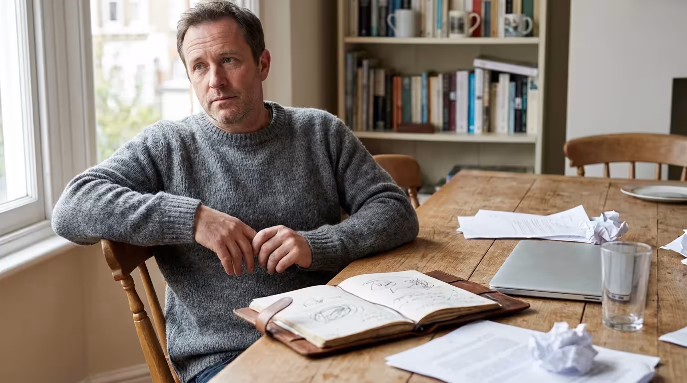 Man sitting at cluttered desk pausing to reflect and regain motivation in home office