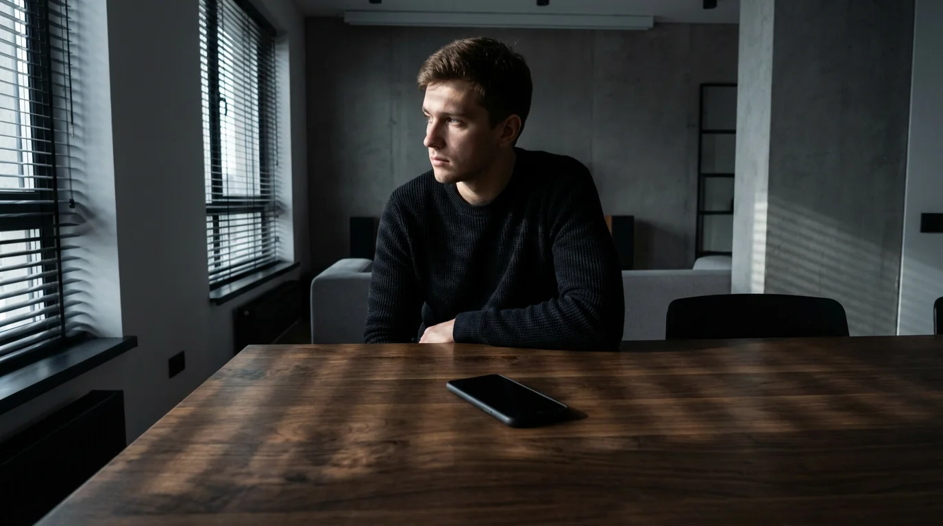 Man sitting at table looking away from an ignored smartphone in moody afternoon light.