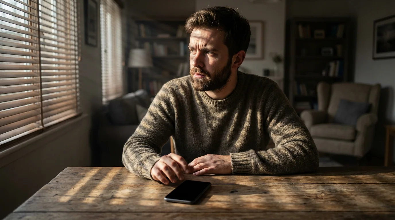 Man sitting at table resisting urge to check turned-off smartphone in dramatic lighting.