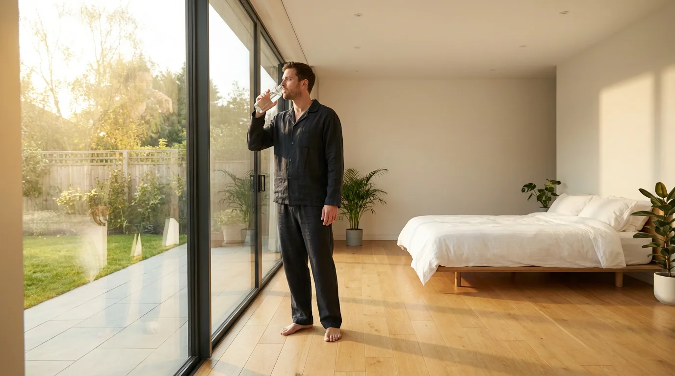 Man standing by a window drinking water from a clear bottle in a bright, minimalist bedroom.