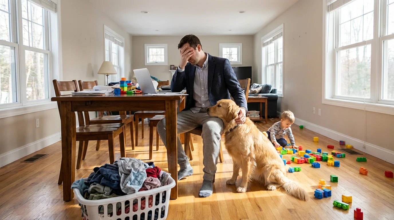 Man struggling to focus while working from home surrounded by a child's toys and a dog.