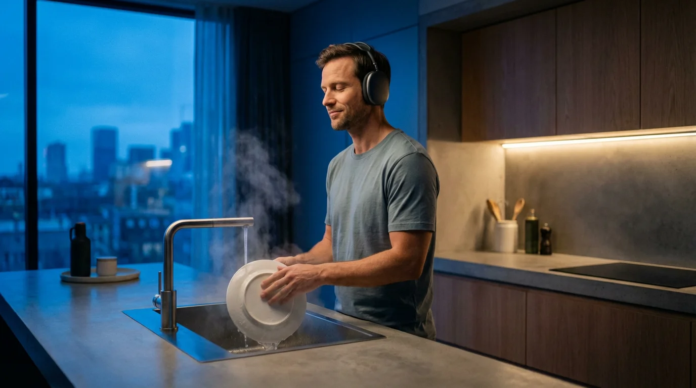 Man washing dishes calmly while wearing headphones in a modern kitchen at evening twilight