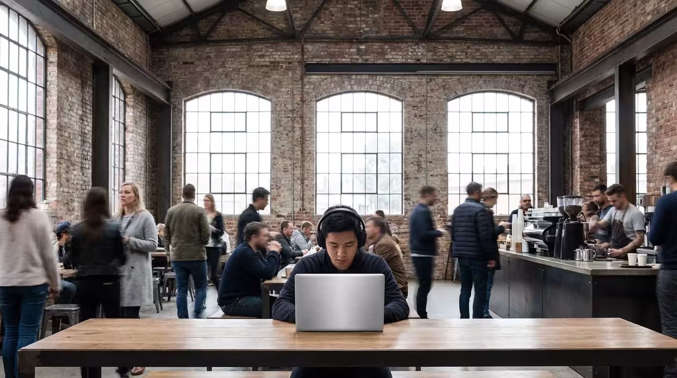 Man wearing noise-canceling headphones working calmly in a busy, crowded coffee shop.