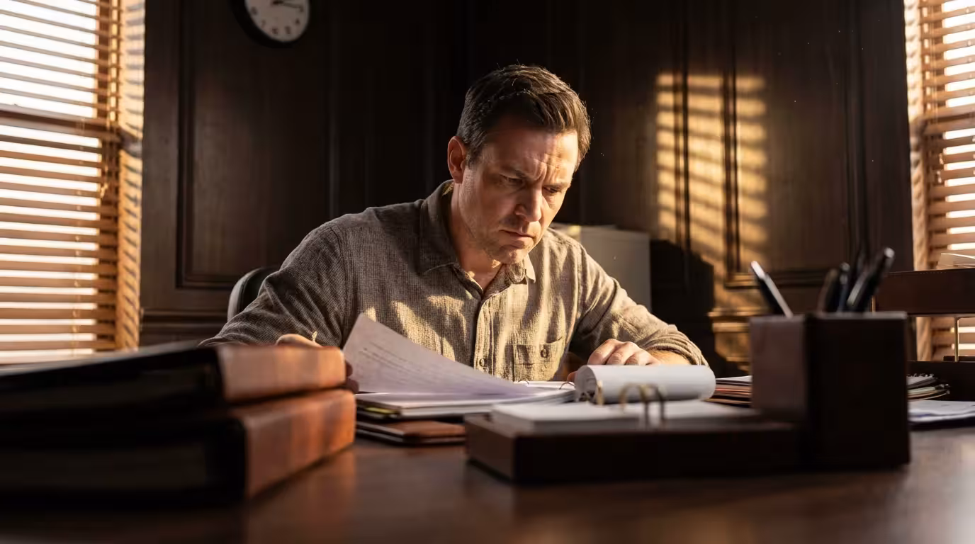Man working at desk with dramatic afternoon lighting and striped shadows.