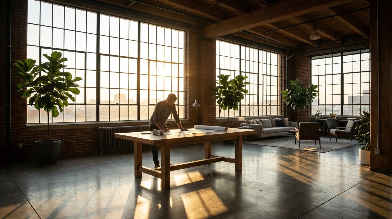 Man working at standing desk in sunlit loft office during morning hours.