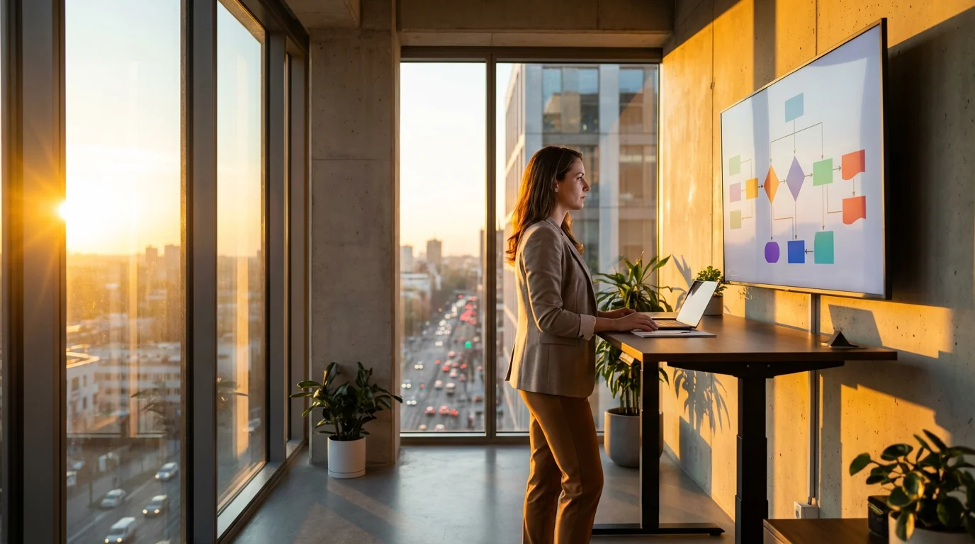 Manager standing in a sunlit corner office, reviewing an abstract strategic flow chart on a large display.