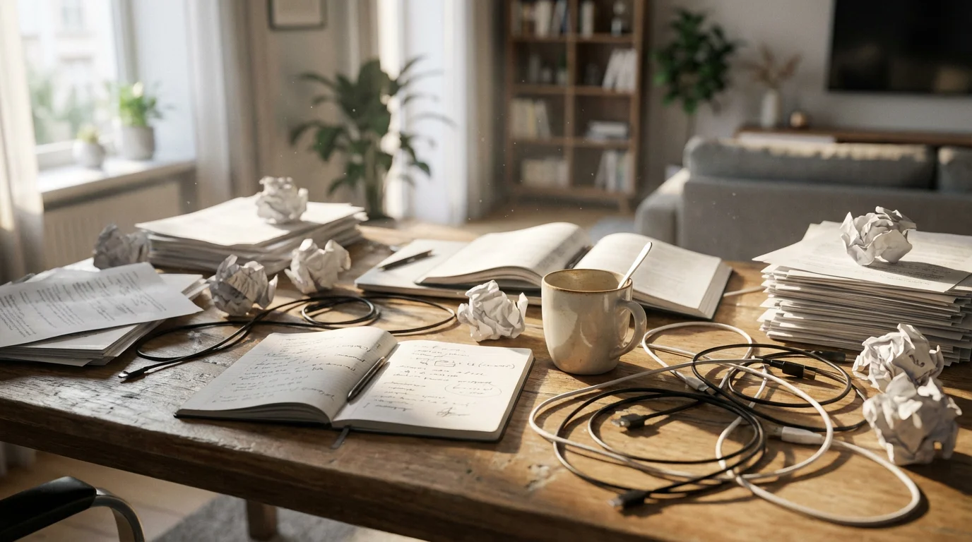 Messy home office desk covered in papers and clutter during the morning