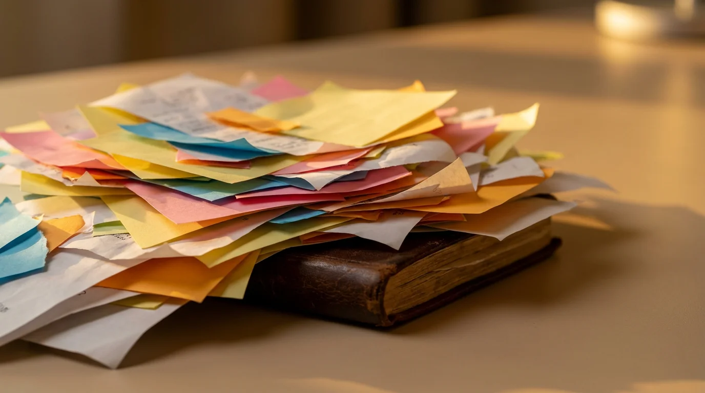 Messy sticky notes piled on top of a hidden, clean journal under warm golden hour light.