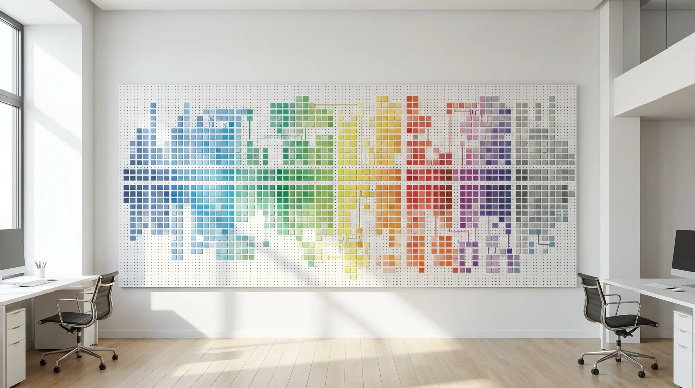 Meticulously organized system of color-coded cards on a white board in a bright, minimalist office.