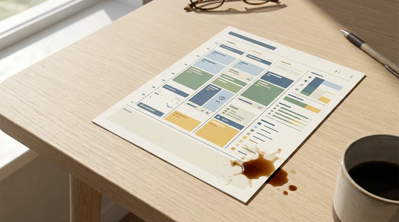 Meticulously structured daily schedule ruined by a coffee spill, symbolizing failure of rigid planning.