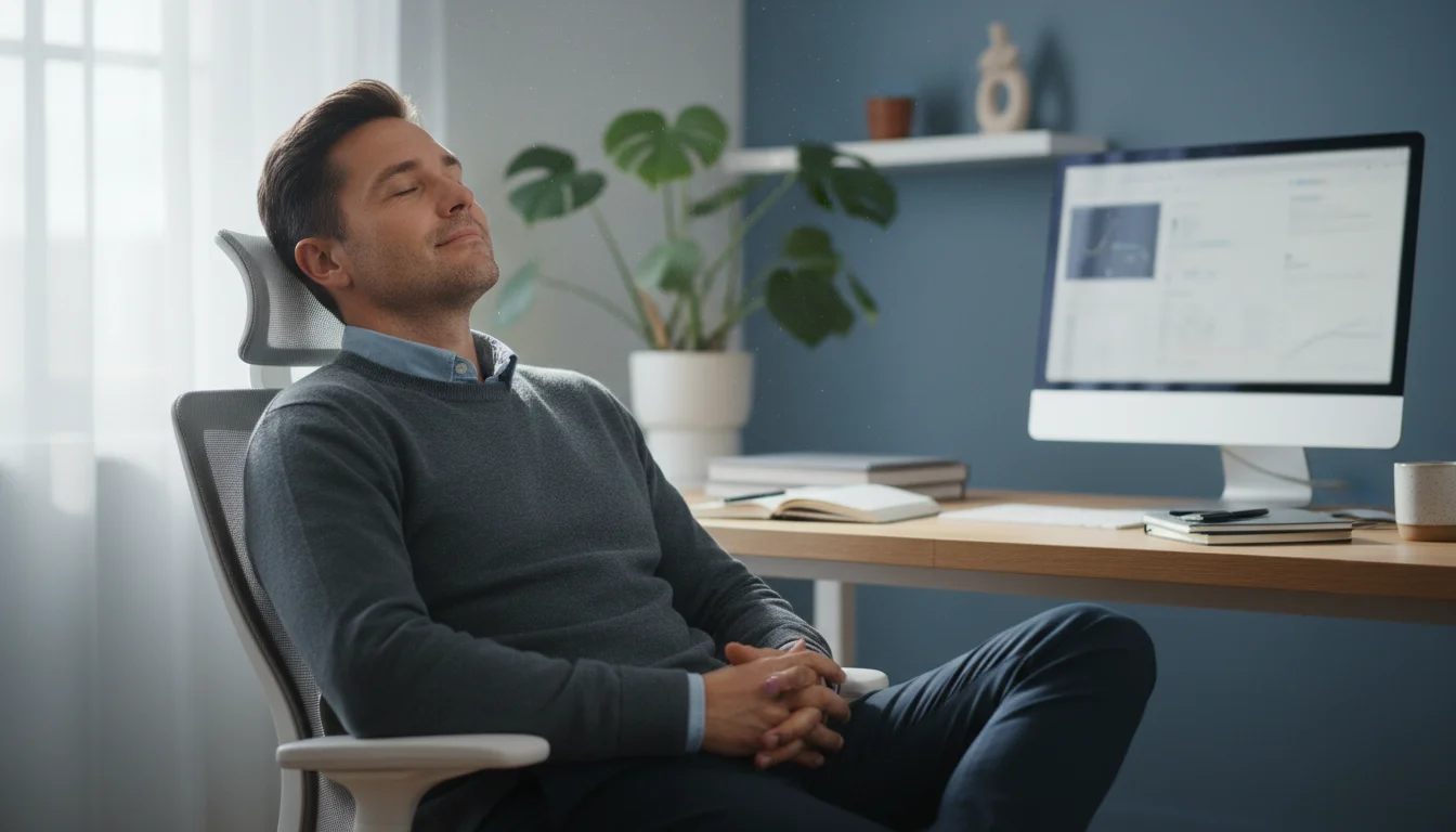 Mid-30s professional leaning back in an ergonomic chair, eyes gently closed, taking a slow sip from a sleek water bottle at a clean, organized desk.