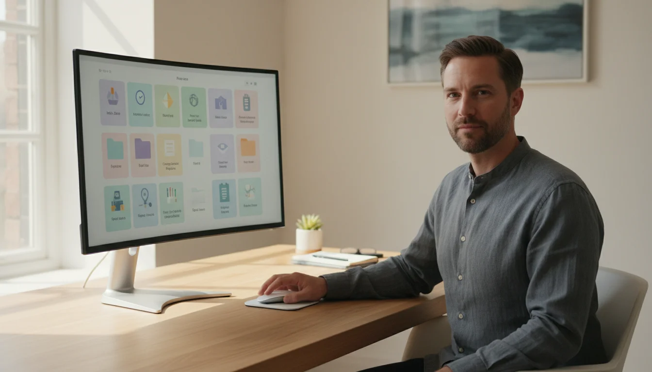A mid-30s professional at a minimalist light wood desk, viewing an organized digital workspace on a monitor, with a hand on a mouse.