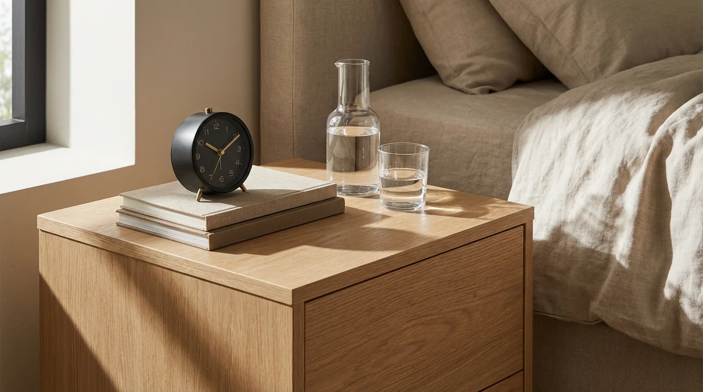 Minimalist bedroom bedside table with an analog clock, books, and deep afternoon shadows.
