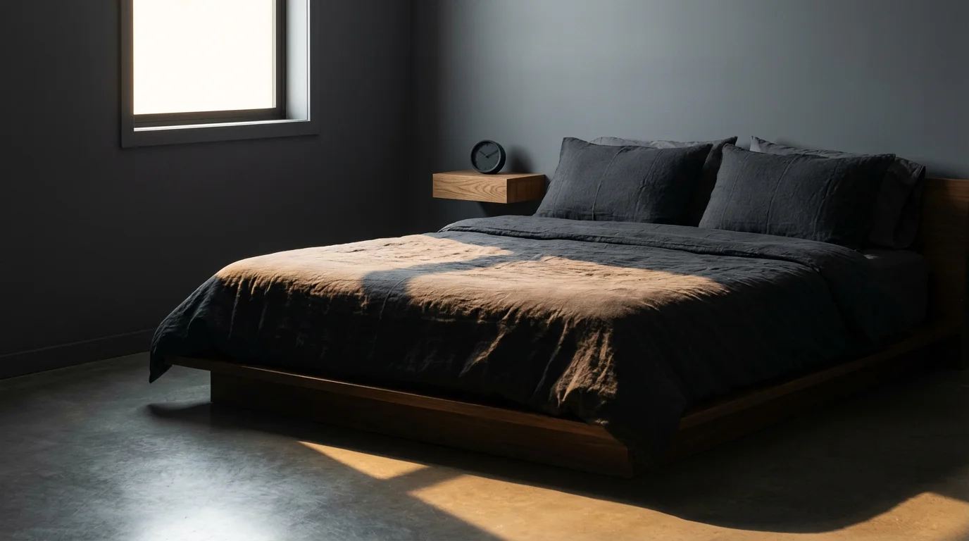 Minimalist bedroom sleep sanctuary with moody afternoon light and deep architectural shadows.
