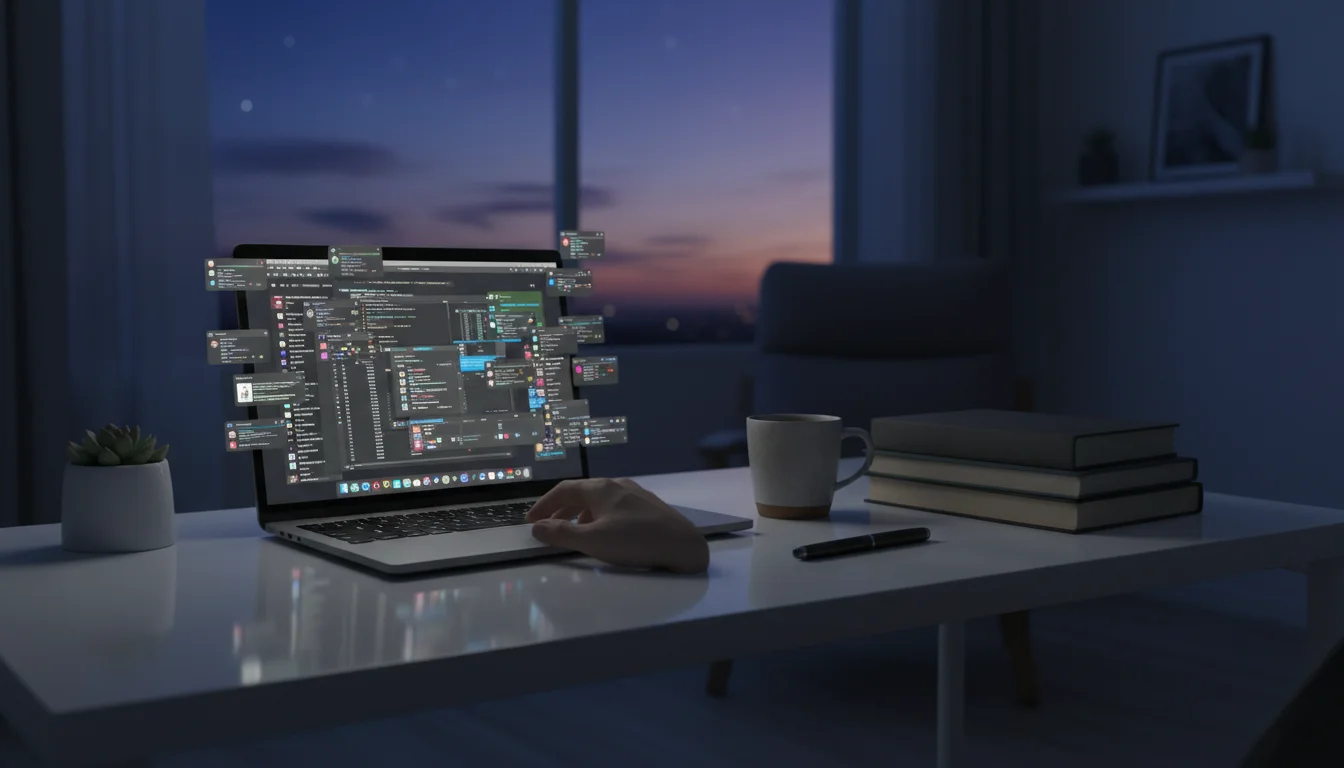 A minimalist desk at dusk with a laptop showing many open apps, a hand resting on the trackpad, and a half-filled planner.