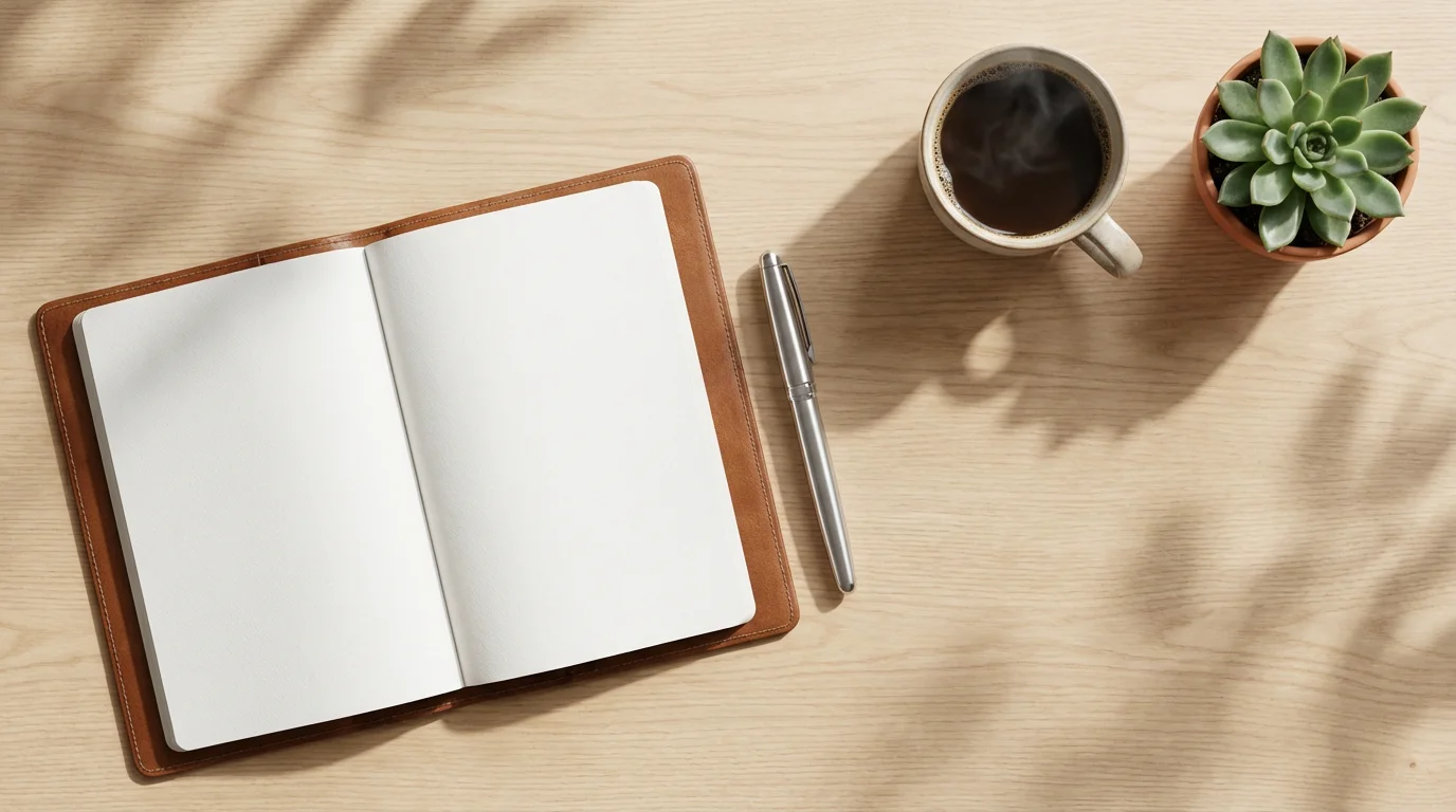 Minimalist desk flat lay with blank notebook, pen, and coffee in soft natural light.