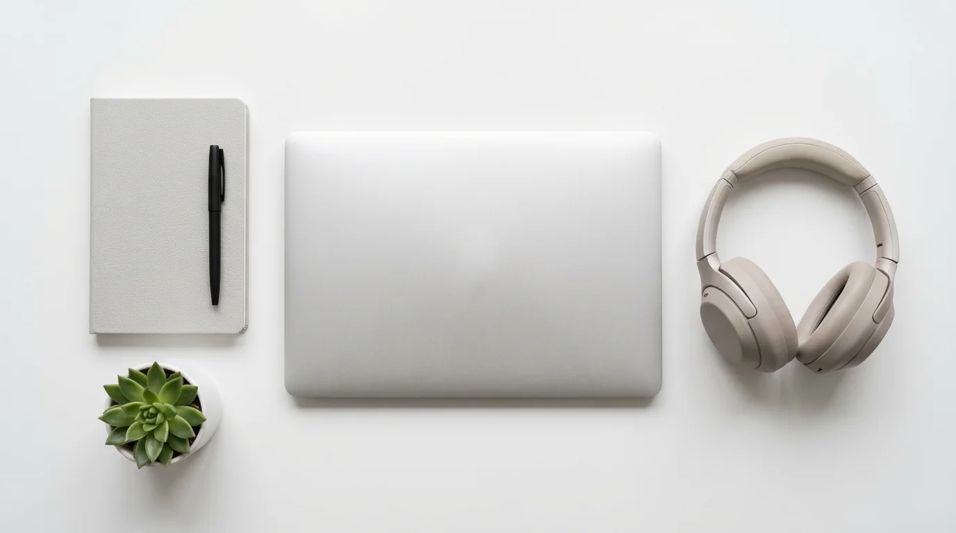 Minimalist desk flat lay with closed laptop, headphones, and notebook for digital wellness.